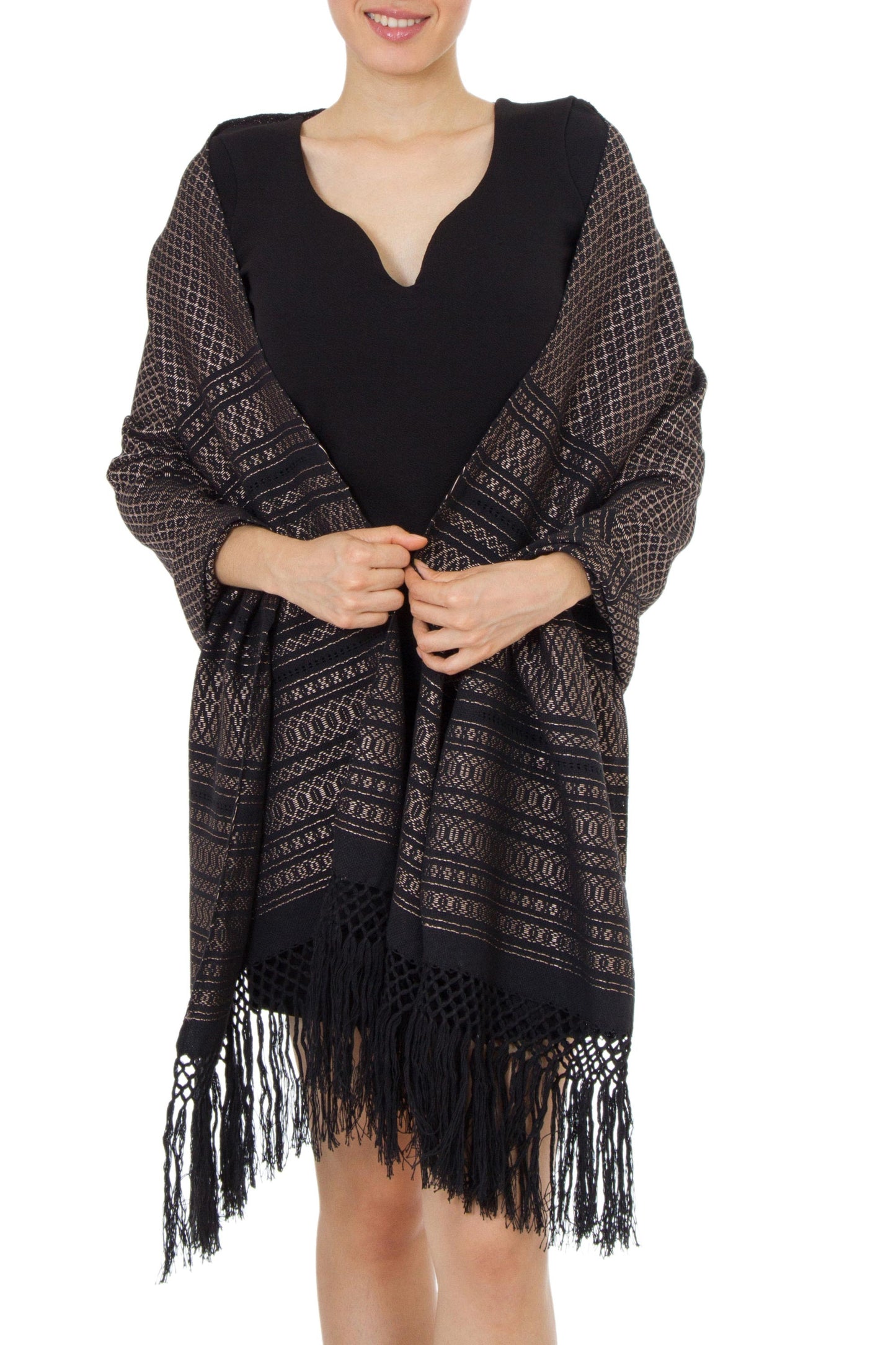 'Night of Golden Stars' Handwoven Black Cotton Rebozo Shawl with Golden Accents