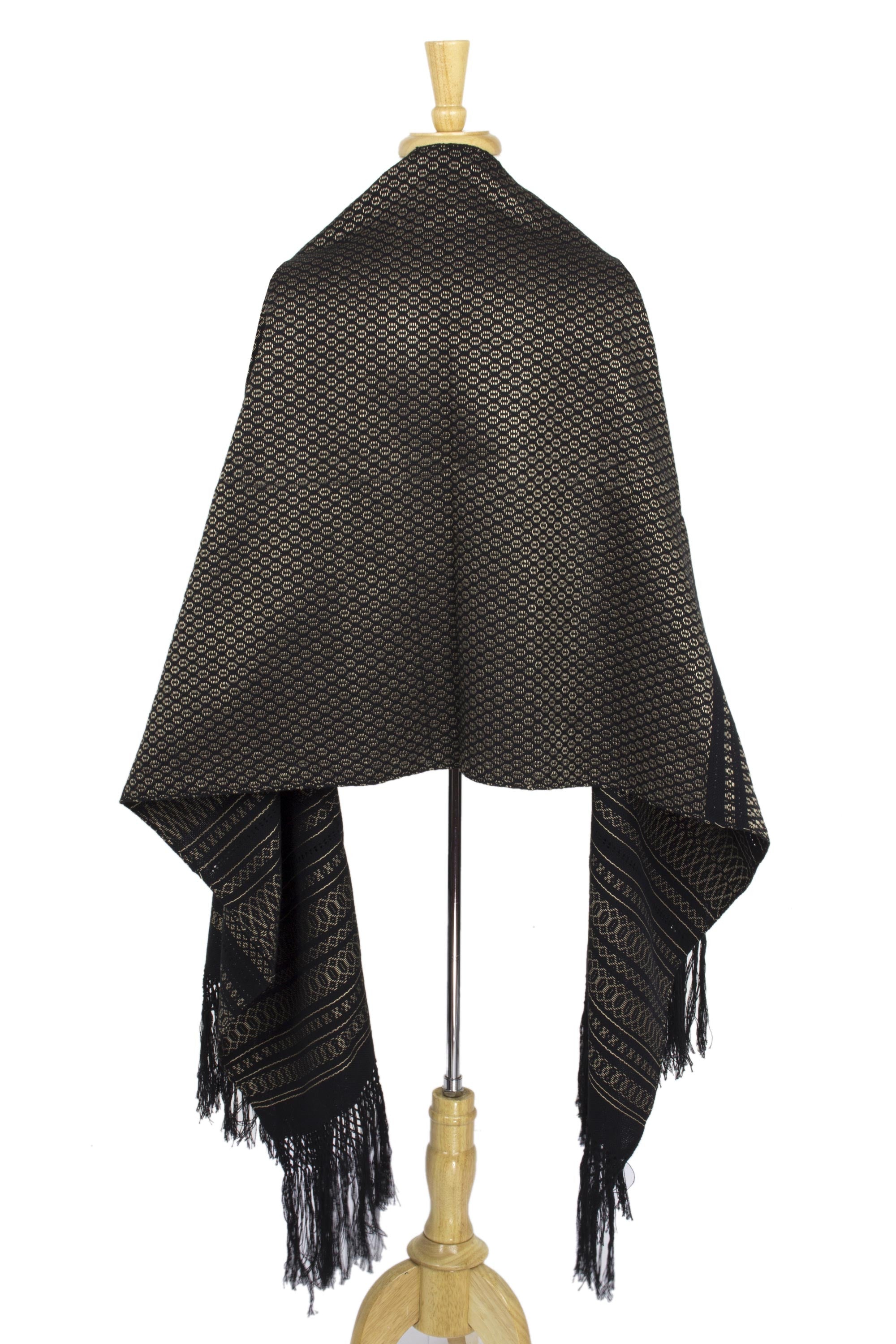 'Night of Golden Stars' Handwoven Black Cotton Rebozo Shawl with Golde ...