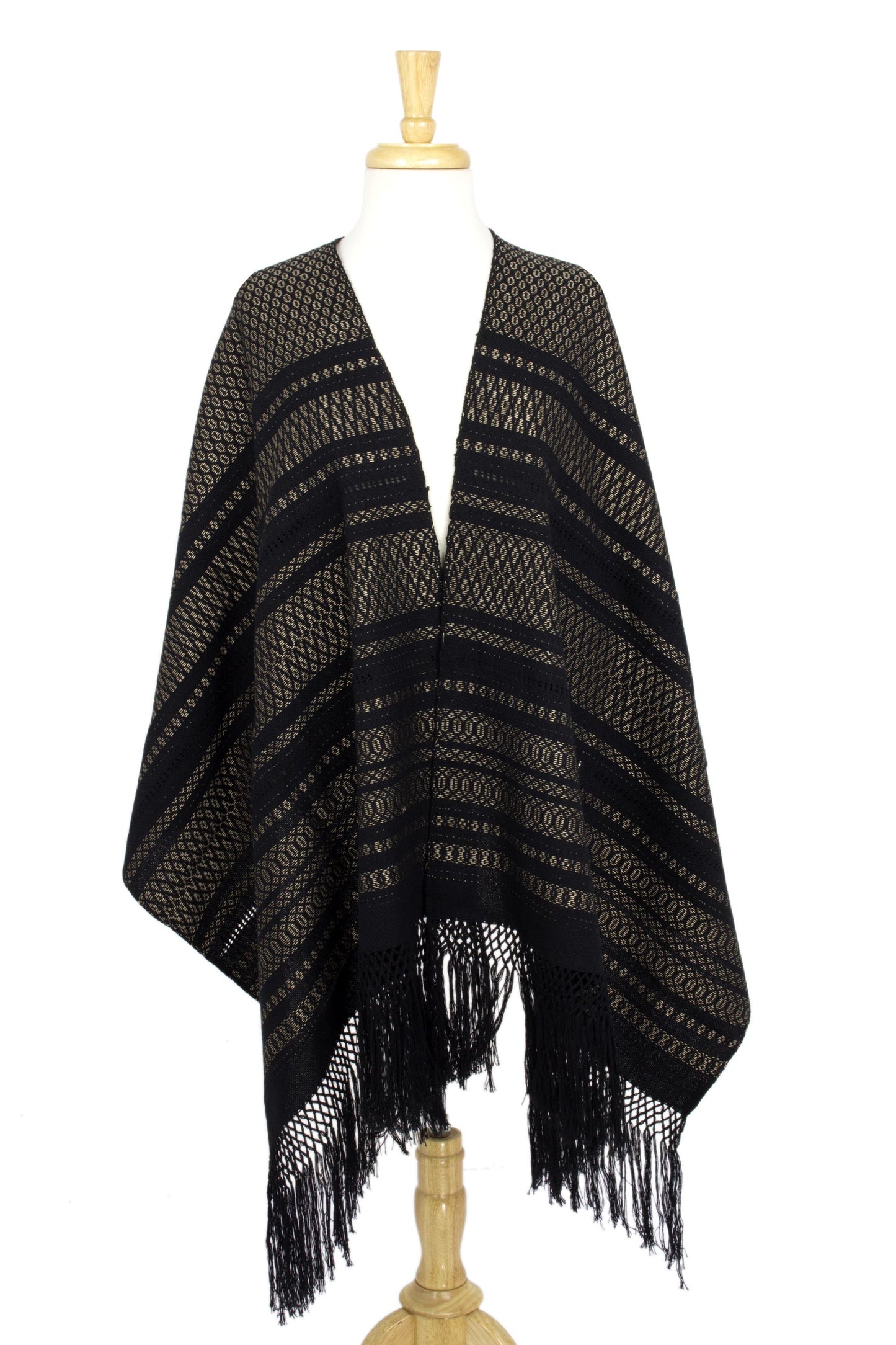 'Night of Golden Stars' Handwoven Black Cotton Rebozo Shawl with Golden Accents