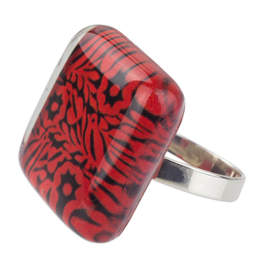 'Oaxaca Dreams' Red Birds and Flowers on Art Glass Cocktail Ring