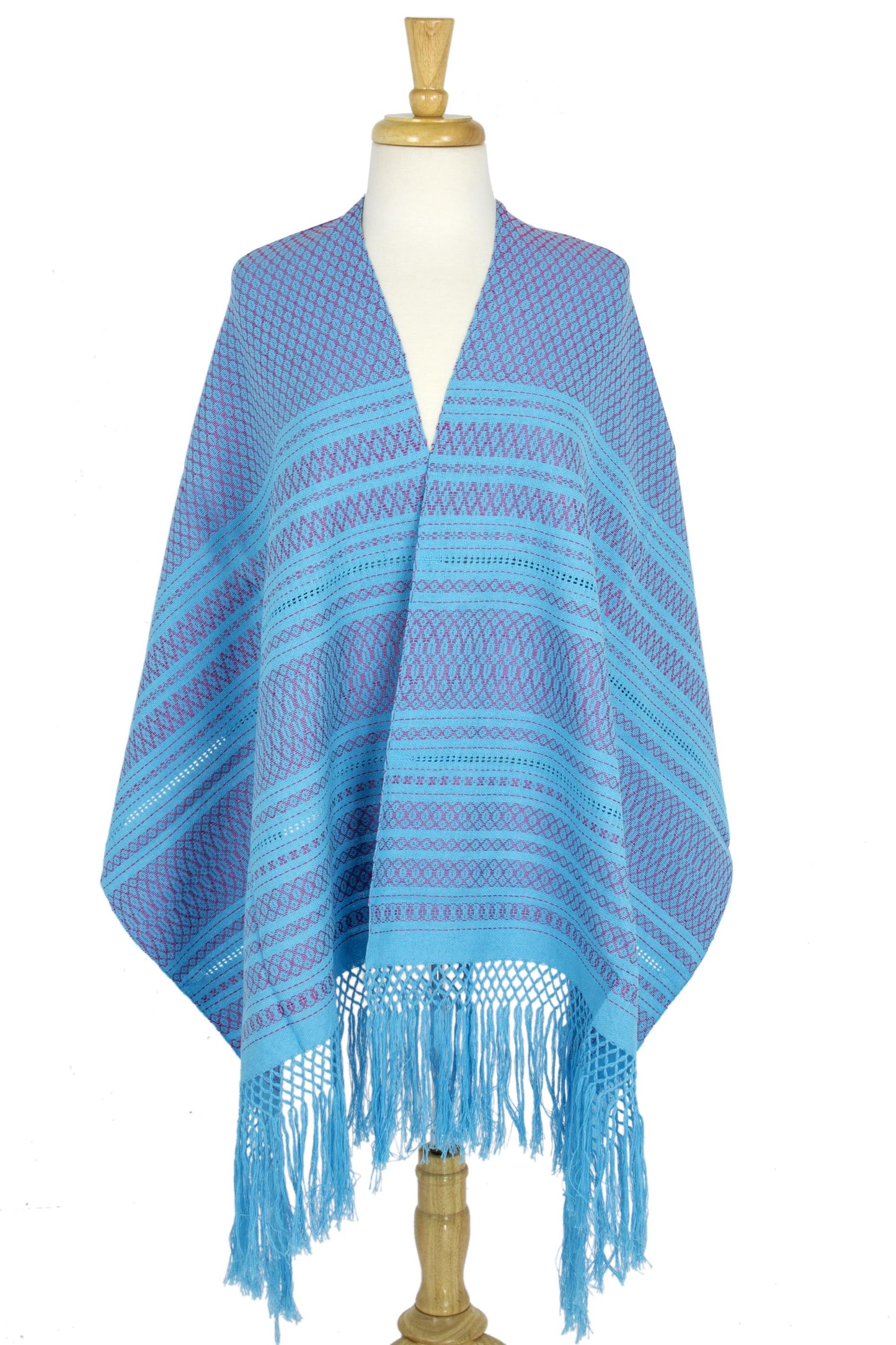 'Sky Fiesta' Handwoven Blue Cotton Zapotec Rebozo Shawl with Pink Motifs