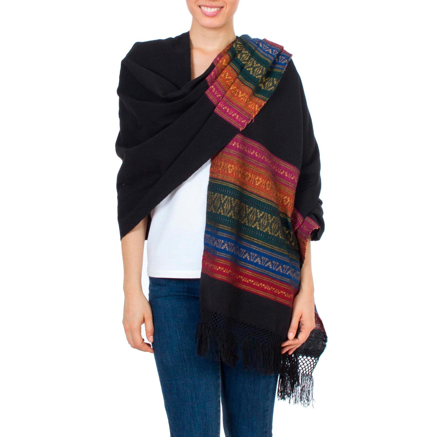 Zapotec Cotton Rebozo Shawl 'Zapotec Night Splendor'